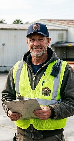 A BrickCity Roll Off crew member with a clipboard in the company yard