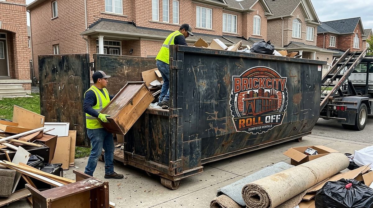 The BrickCity Roll Off crew loading debris into a roll-off on a driveway