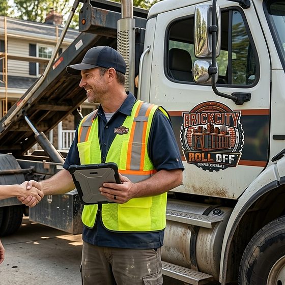A BrickCity Roll Off driver greeting a homeowner after a same-day delivery