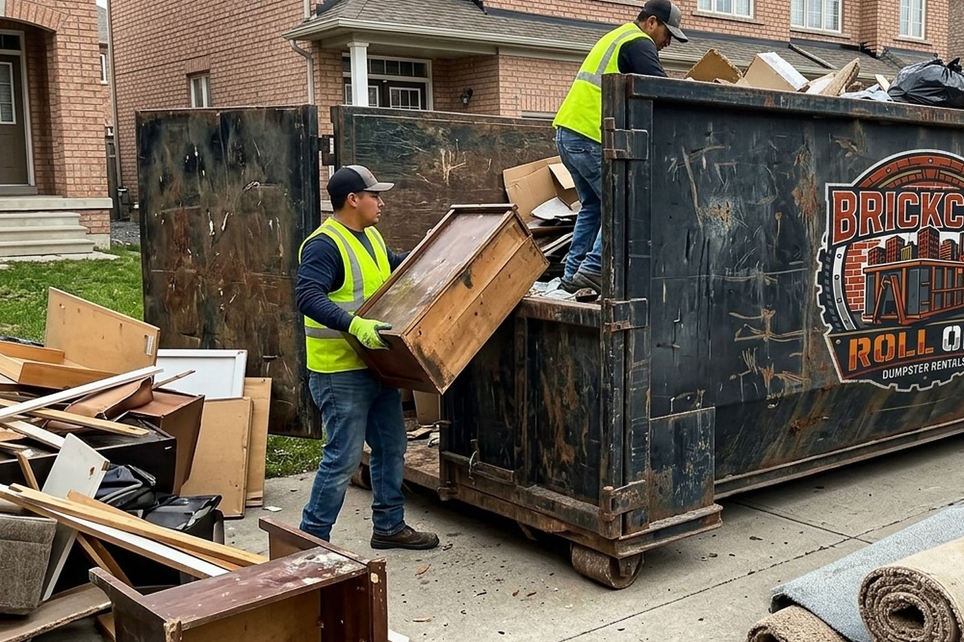 The BrickCity Roll Off crew loading old furniture into a roll-off container