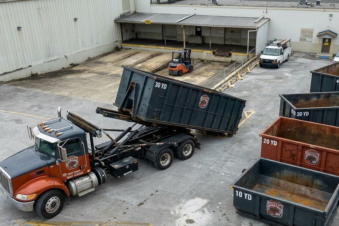 A BrickCity Roll Off truck loading a 30-yard roll-off container in the company yard